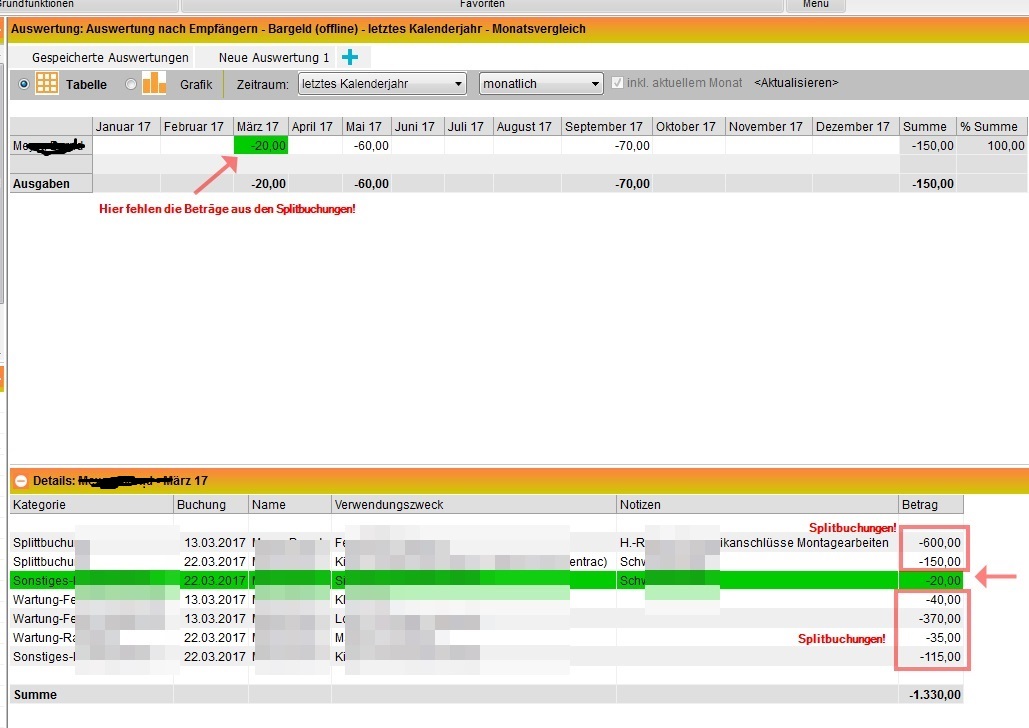 Es werden nur Buchnungen ohne Split berücksichtigt!