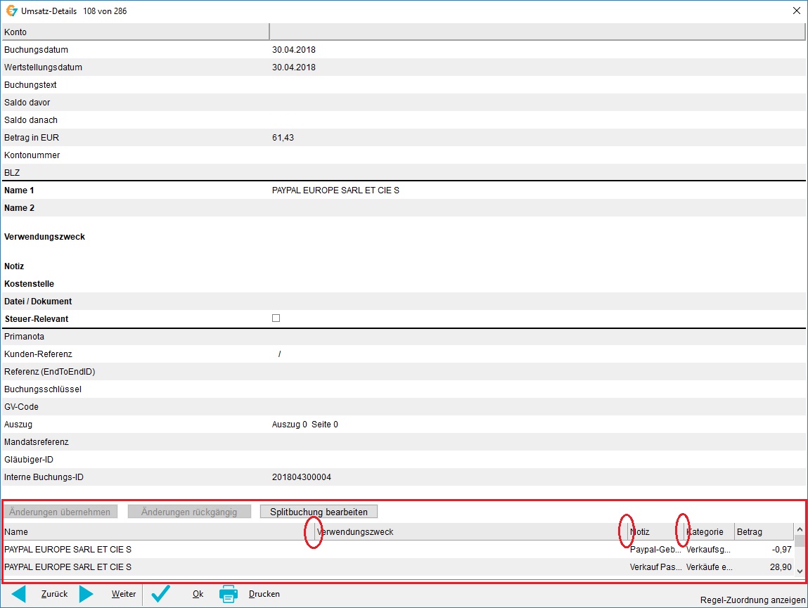 So sieht das Fenster &quot;Umsatz-Details&quot; in der Version 7.4.5 aus.